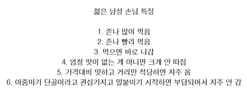 동네 밥집 젊은남성 손님 특징