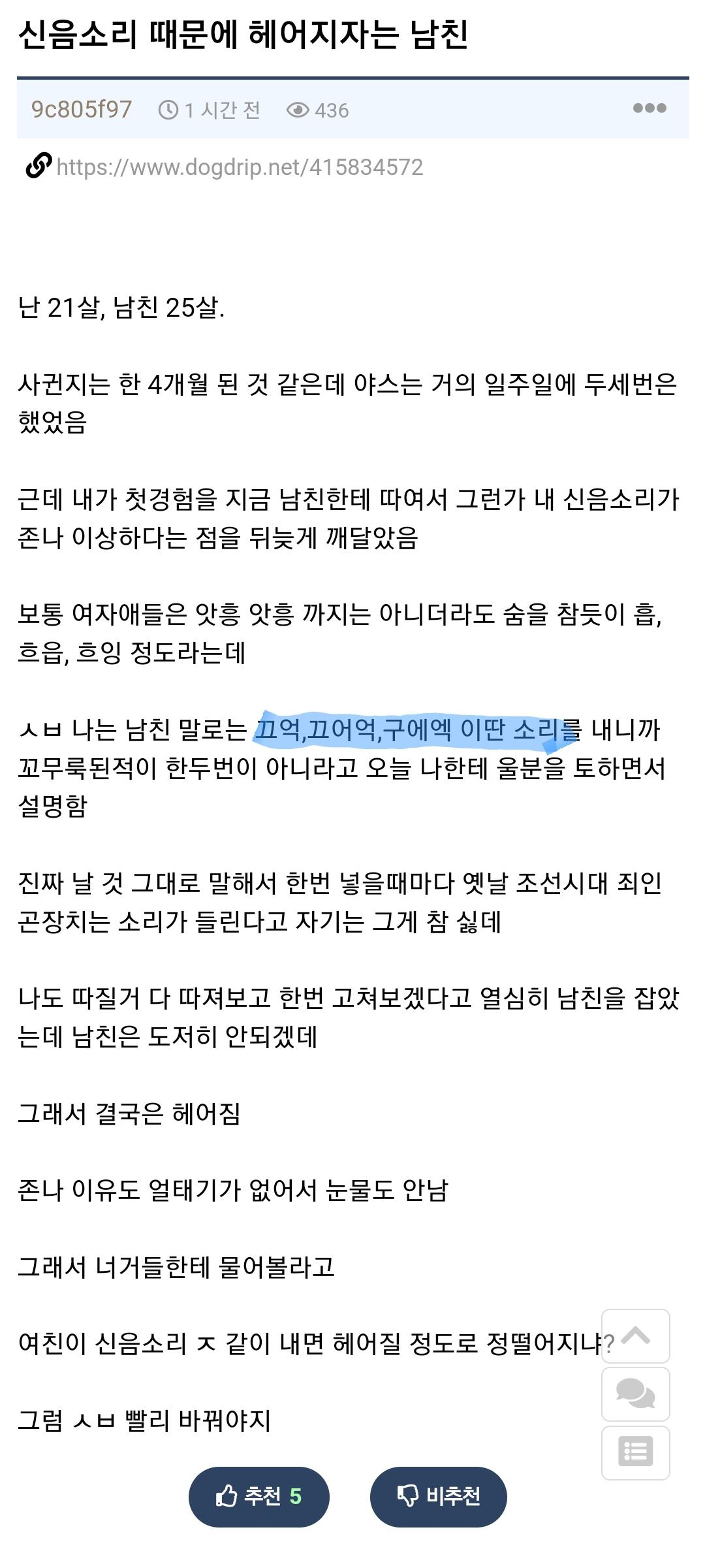 다시보는 명작) 신음소리때문에 헤어진 여붕이(+후기)