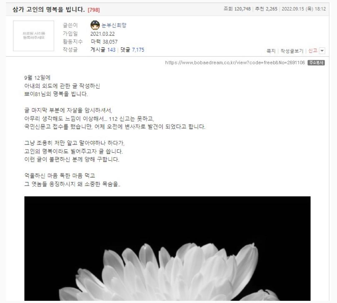 보배드림 회원 아내의 외도로 자살