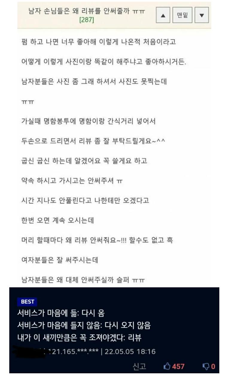 남자 손님은 왜 리뷰를 안 써줄까?