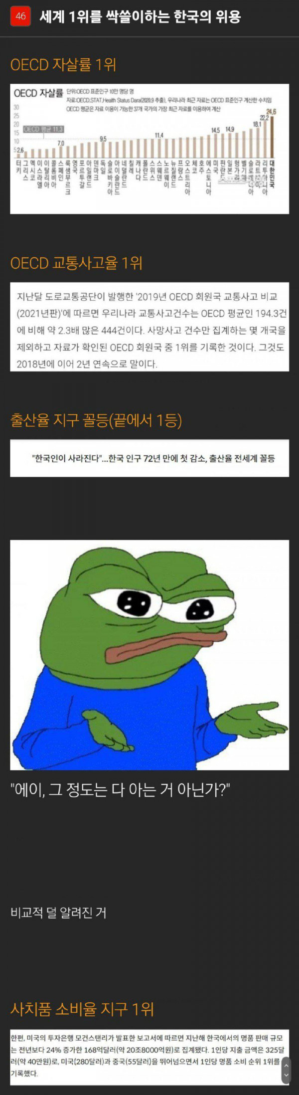 셰계 1위를 모두 차지하고 있는 한국의 위엄