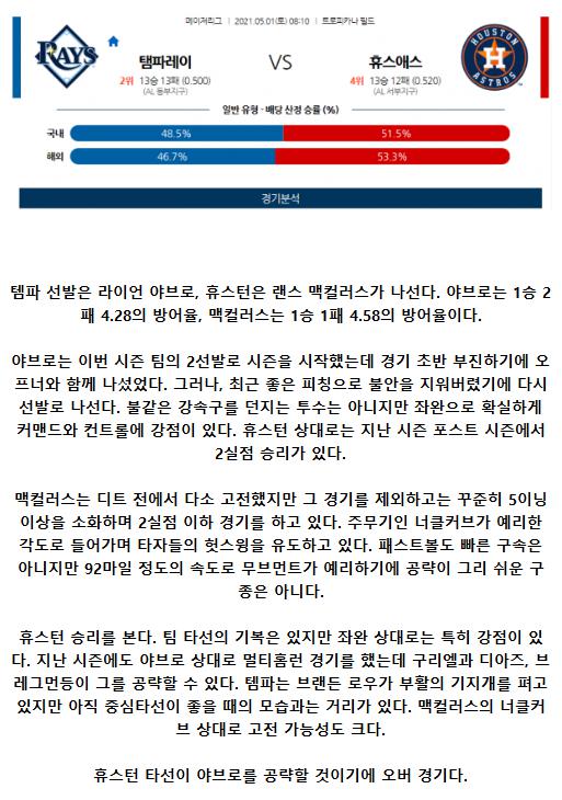 2021년5월1일 휴스턴 애스트로스 탬파베이 레이스 해외야구중계 라채티비.png