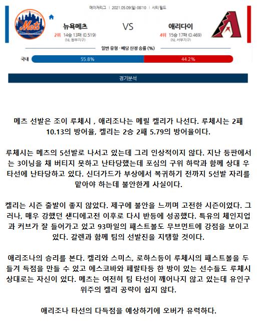 2021년5월9일 애리조나 다이아몬드백스 뉴욕 메츠 해외야구중계 라채티비.png